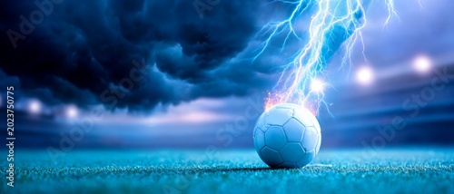 Stormy sky above soccer ball on green field