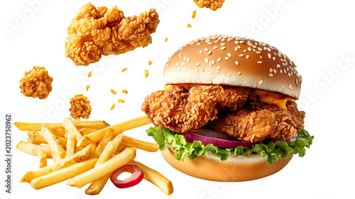 Crispy fried chicken burger with french fries and chicken pieces falling around.