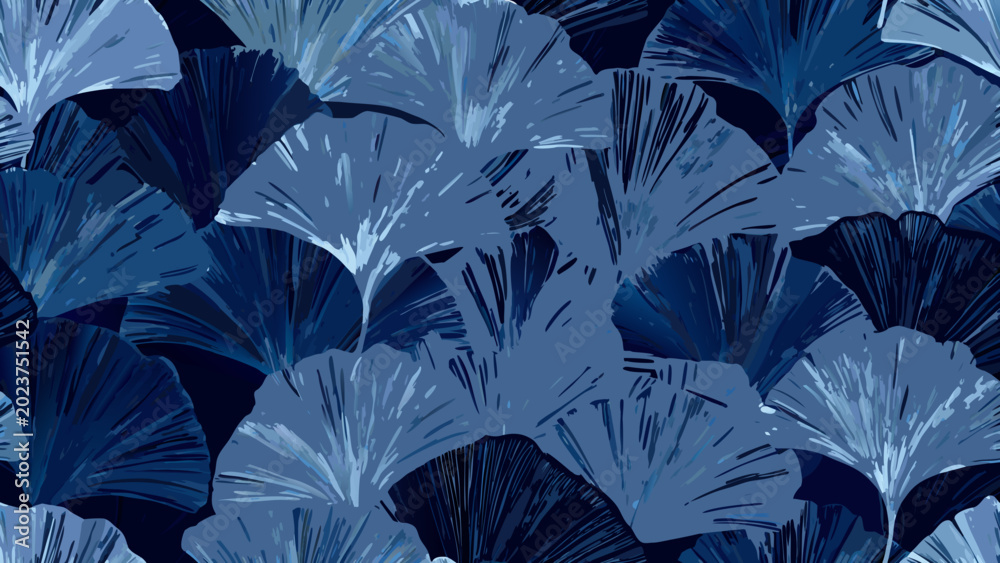 Fototapeta premium seamless pattern of overlapping blue fan shapes stylized botanical illustration with a dark tone
