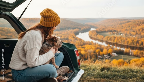Autumn road trip adventure, woman and dog enjoying scenic fall landscape, tranquil river valley, cozy travel lifestyle, golden hour outdoor escape
