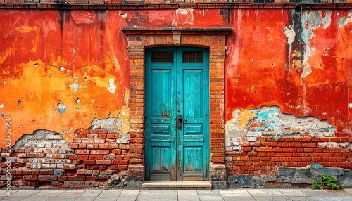 A vibrant turquoise wooden door centered on a weathered and textured red brick wall with peeling paint showing historical architectural charm.