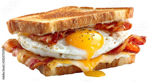 Gourmet fried egg and crispy bacon sandwich with melted cheese on toasted bread delicious breakfast meal.