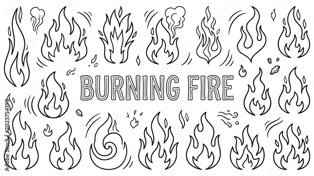 Fototapeta premium Set of fire flames hand drawn collection doodle style hot blaze.