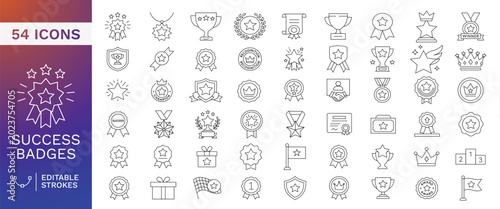 Photos Success Badge Icon Set with Trophy, Medal, Award, and Winner Symbols; Editable S