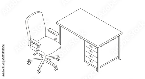 Bilde på lerret Isometric line art illustration of an office desk and swivel chair on white back