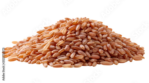 Pile of uncooked brown rice grains on transparent background no scattering.