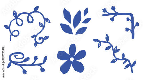Blue hand-drawn botanical vector elements with leaves flowers and vines in minimalist linocut style for graphic design and pattern creation