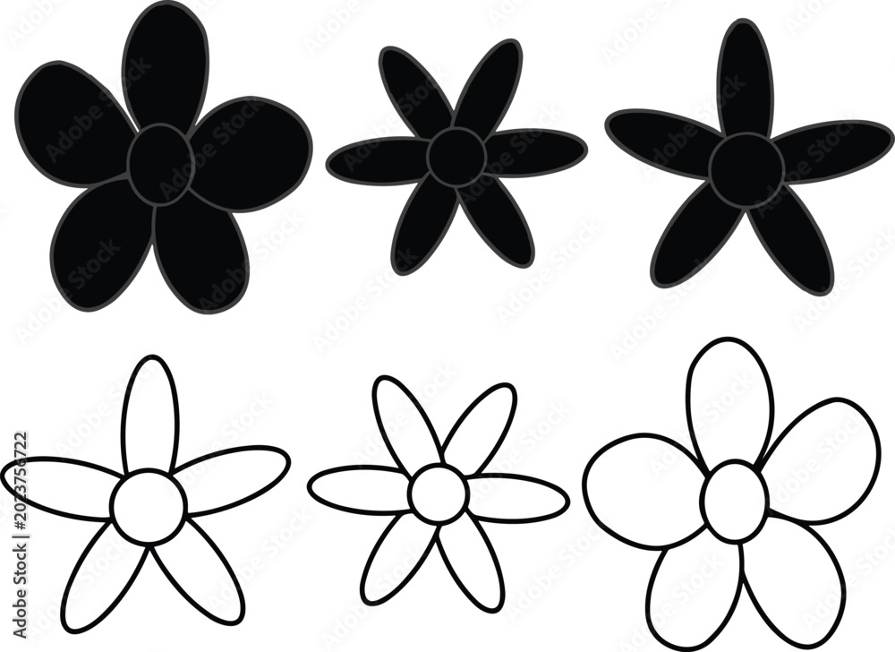Fototapeta premium Set of minimalist flat vector flower icons including solid silhouettes and line art for nature design projects