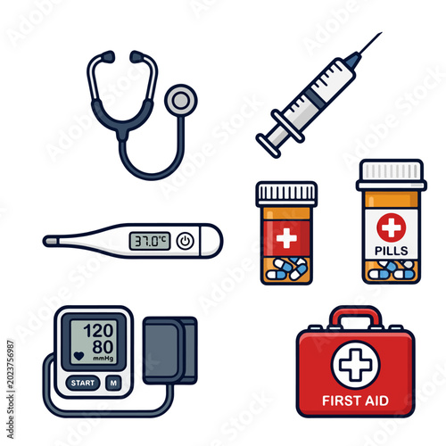 Collection of medical equipment including stethoscope, thermometer, blood pressure monitor, syringe, pills, and first aid kit for healthcare and medical services