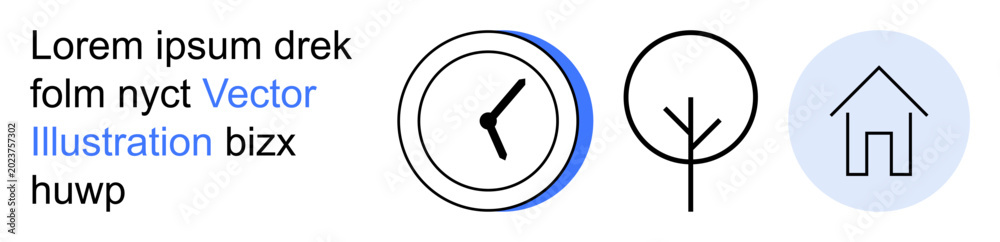 Obraz premium Time management, sustainability, housing, design, minimalism, modern living. Black clock, tree and a house icon with a blue accent. Time management and sustainability concepts