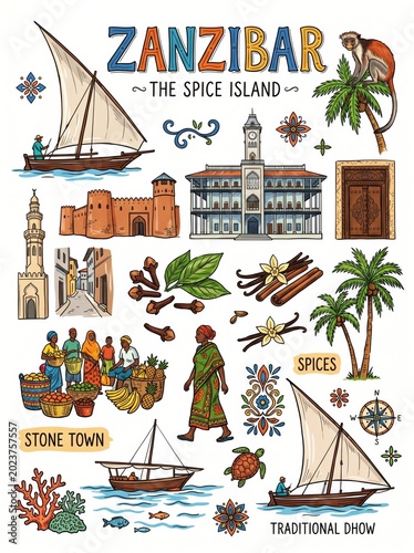 Vintage-style tourism illustration poster of Zanzibar showcasing tropical scenery, island culture, and classic travel nostalgia.