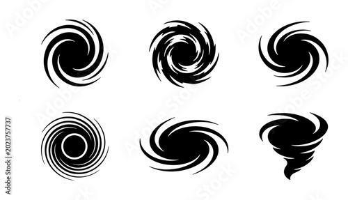 Schilderij op canvas Black Hurricane Swirl Icons, Cyclone Vortex Symbols, Tornado Spiral Graphics, We
