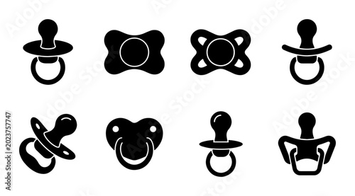 Fotografie Baby Pacifier Icons Set, Soothing Dummy Symbols, Infant Soother Graphics, Newbor