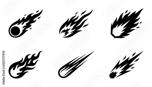 Fotografie Fiery Meteor Icons, Cosmic Fireball Vector Set, Celestial Impact Symbols, Space