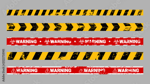 Warning and Caution Tape Collection with Grunge Texture, Hazard Stripes and Distressed Safety Barrier Designs