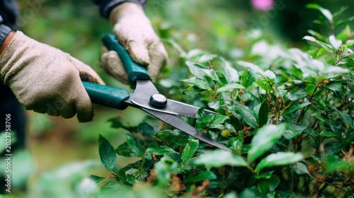 Hands cut shrub with hedge clippers during gardening activity in the backyard
