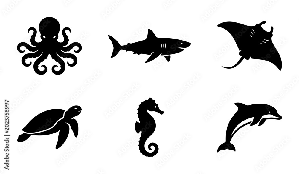 Obraz premium Oceanic Wildlife Silhouettes: Octopus, Shark, Manta Ray, Turtle, Seahorse, Dolphin Icons for Marine Themes