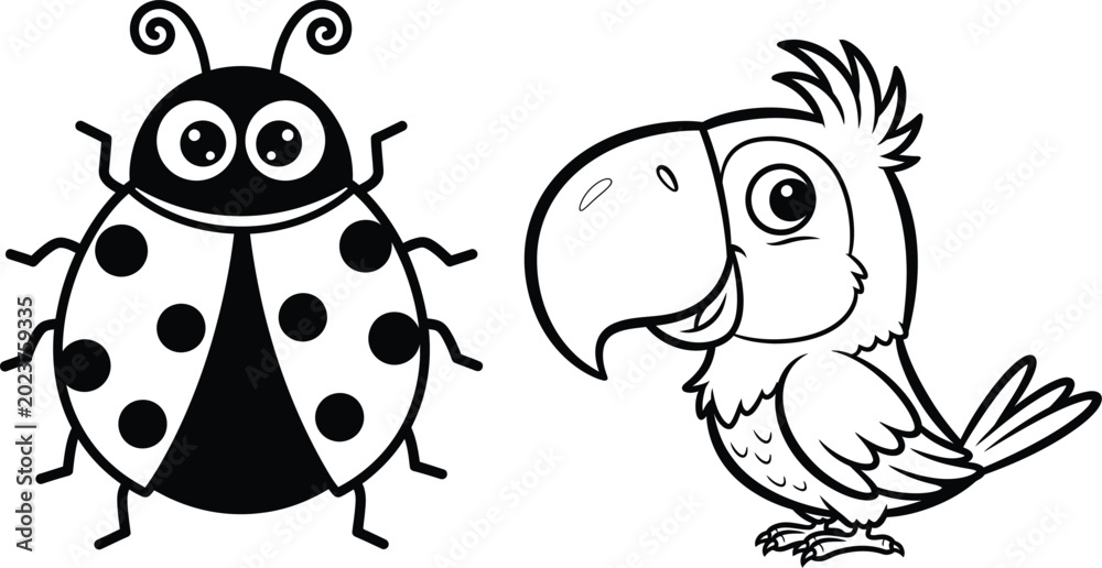 Obraz premium Black and white illustration of ladybug and parrot for kids