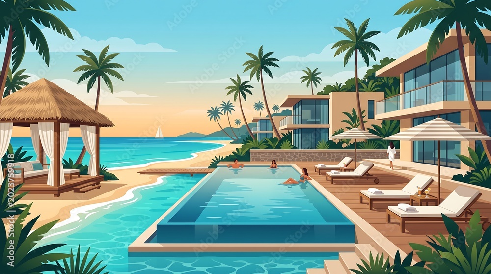 Obraz premium Luxury beachfront resort with infinity pool, cabanas, and palm trees under a clear sky