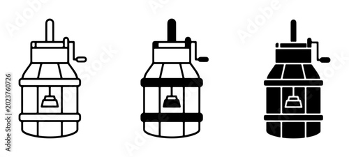 Schilderij op canvas Vintage Butter Churn Icons, Retro Kitchen Appliance Vector Set, Traditional Dair