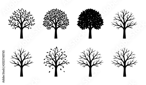 Photos Diverse Tree Silhouettes Vector Set: Seasonal Growth Stages, Leafy and Bare Bran