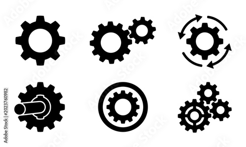Bild auf Leinwand Set of 6 Black Gear Icons, Cogwheel Symbols, Mechanical Engineering Elements, In