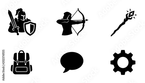 Bild auf Leinwand Fantasy Game Icons Set: Warrior, Archer, Mage Staff, Backpack, Speech Bubble, Gear