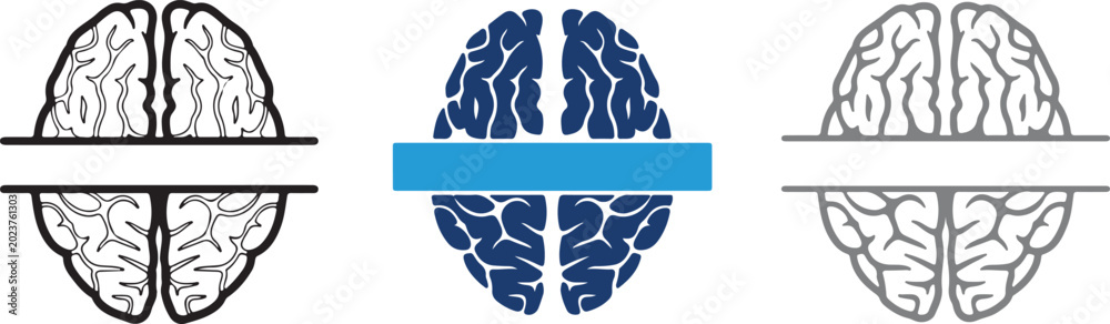 Fototapeta premium Human brain vector icon set with split blank name frame label text placeholder handmade line art illustration isolated on transparent background