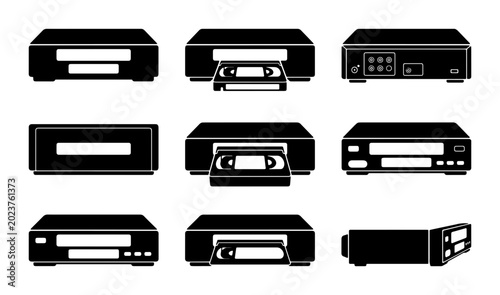 Schilderij op canvas Retro VHS Player Icons, Vintage Video Cassette Recorder Collection, Old Technolo