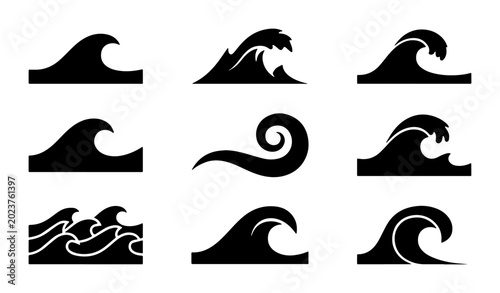 Tableau sur toile Set of 9 Black Wave Icons, Ocean Swirls, Sea Surfing Graphics, Marine Water Symb