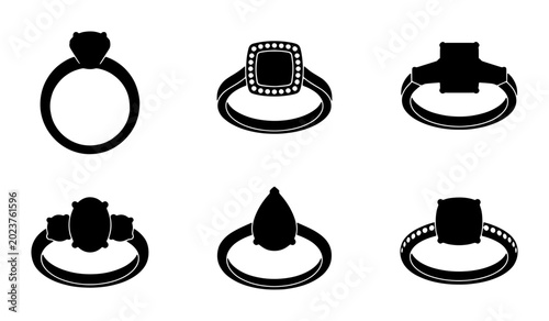 Bild auf Leinwand Elegant Ring Icons Set, Engagement & Wedding Jewelry Silhouettes, Precious Gemst