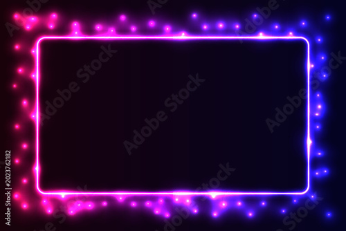 A bright neon rectangle frame with pink and blue glowing lights and sparkling effects on a black background.
