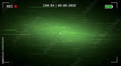 Dark green surveillance camera screen with REC indicator, date, battery, and grainy digital effect.