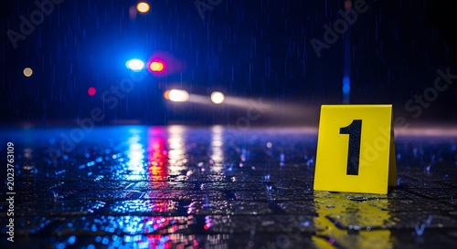 Crime scene marker '1' on wet asphalt with blurred police lights in the background at night.