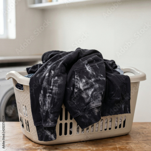 White detergent residue streaks on black fabric after washing