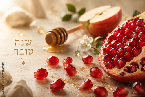 Rosh Hashanah Greeting Background with Pomegranate and Honey