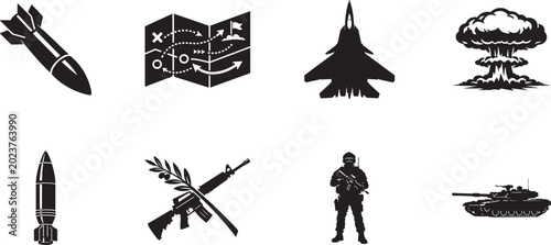Bild auf Leinwand Warfare tactics and mass destruction line icons set with editable stroke vector symbols art