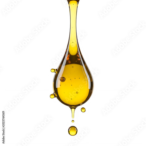 Closeup golden liquid drop with bubbles in midfall captured beautifully transparent background
