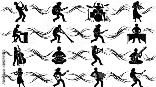 Obraz na płótnie Instrumentalist Live Jam Sessions Silhouettes Sets Packs, Editable Vector Stroke Illustrations