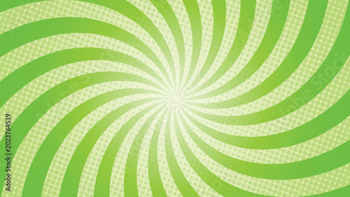 Quadro su tela Green comic book sunburst background with spiral rays and halftone dot texture