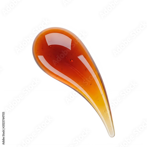 Closeup shot of golden viscous liquid drop with smooth gradient texture transparent background