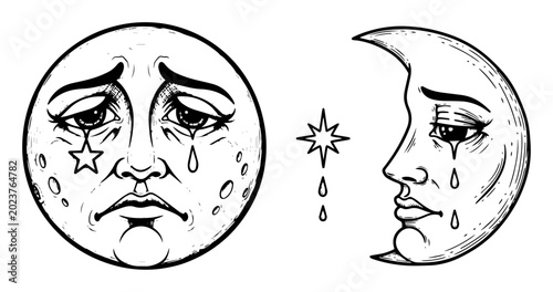 Bild auf Leinwand crying moon with star tears vintage celestial tattoo vector shape black