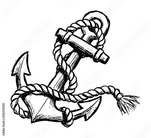 vintage nautical anchor with rope sketch vector black shape