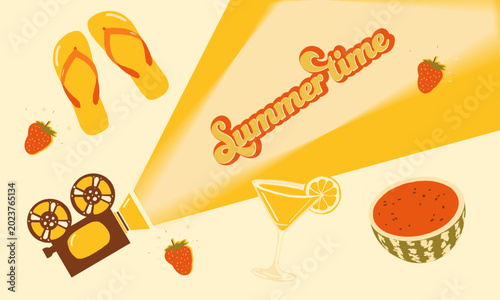Summer Time Retro Illustration with Beach Accessories, Fruits and Cocktail