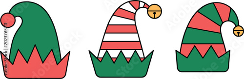 Christmas elf hat collection vector illustration, festive holiday costume symbols set, cartoon winter accessories isolated background