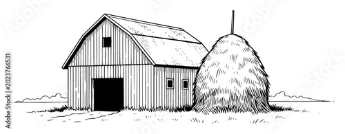 Foto old wooden barn and haystack sketch