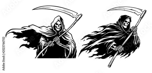 Schilderij op canvas grim reaper with scythe mascot character set