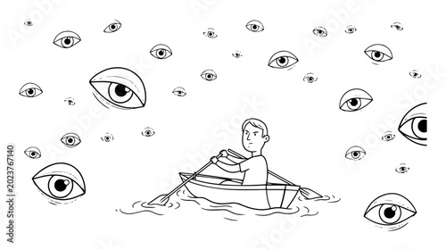 Photos man in boat on a sea of watching eyes paranoia concept vector