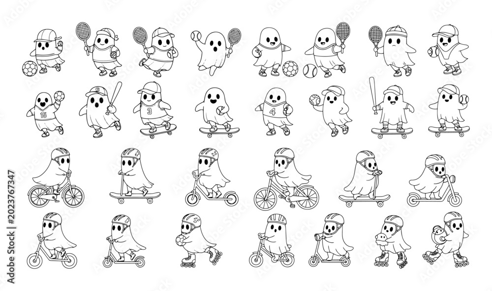 Obraz premium big set of cute cartoon ghosts doing activities vector