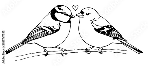 Bild auf Leinwand two cute love birds kissing on a branch sketch vector